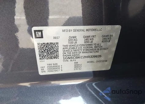 2017 Chevrolet Tahoe Lt z USA, uszkodzony, nr VIN 1GNSCBKC2HR339635